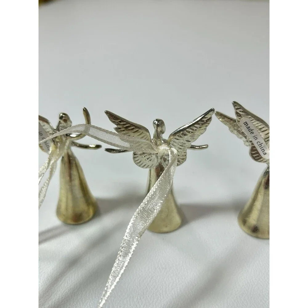 Set Of 3 Silver Tone Metallic Angel Christmas Ornaments Hope Joy Wish Decor